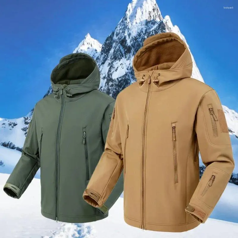 Men's Jackets Hoodie Jacket Waterproof Solid Color Drawcord Windbreaker Autumn Winter Fleeced Camping Hunting Coat For Outdoor