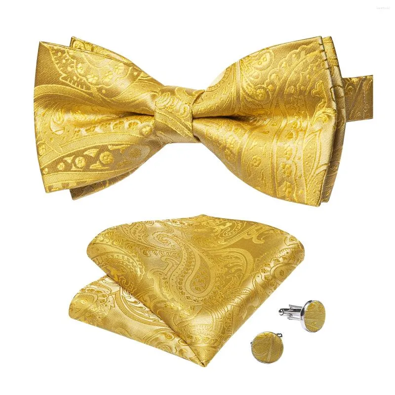 Bow Ties Fashion Yellow Paisley Tie For Man Wedding Business Party Silk Men's Pre-tied Bowtie Pocket Square Cufflinks Set DibaGu Knot