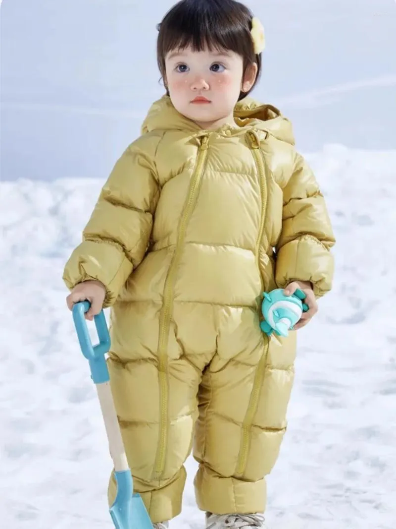 Down Coat Girl and Boys tjockare jumpsuits barn vita anka rockar vinter huva söta varm onesie romper z1264