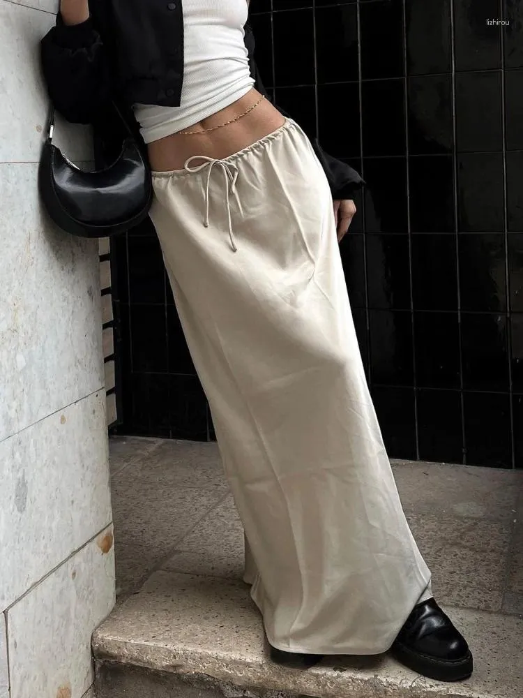 Saias 2023 cetim solto laço preto saia longa para mulheres casual cintura alta feminina sólida elegante rua falda midi mujer