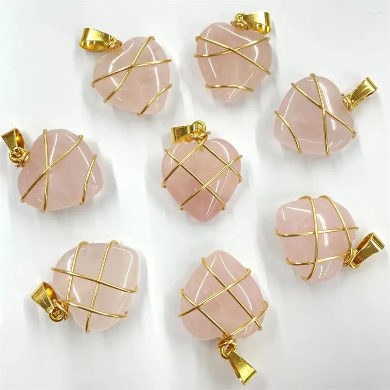 Pendant Necklaces Natural Stone Quartz Crystal 20MM Heart Pendant&Copper Wire Wrapping DIY Charm Jewelry Making Necklace Accessories 20pc