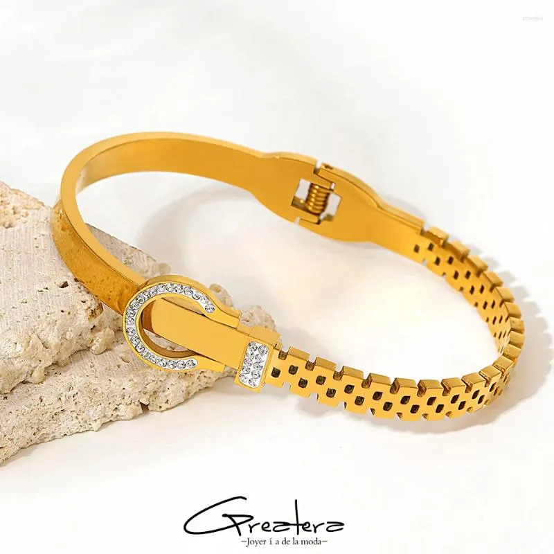 Bracciale Greatera Chic Braccialetti con fibbia per cintura in acciaio inossidabile con strass Braccialetti per donna Polsino placcato oro Gioielli per festa di nozze