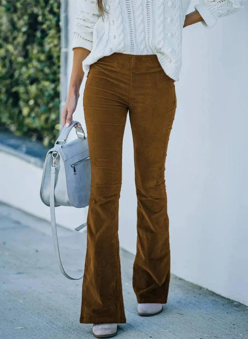 Kvinnor Pants Fashion Autumn/Winter Solid Color High midja Slim Fit Micro Flare Corduroy Elastic Casual Zipper S-3XL