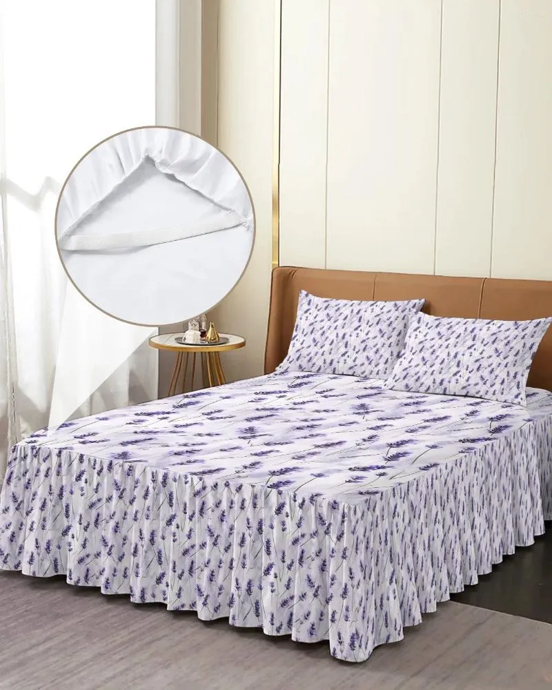 Gonna letto Fiori di lavanda Acquerello Copriletto elastico con federe Coprimaterasso Set lenzuolo