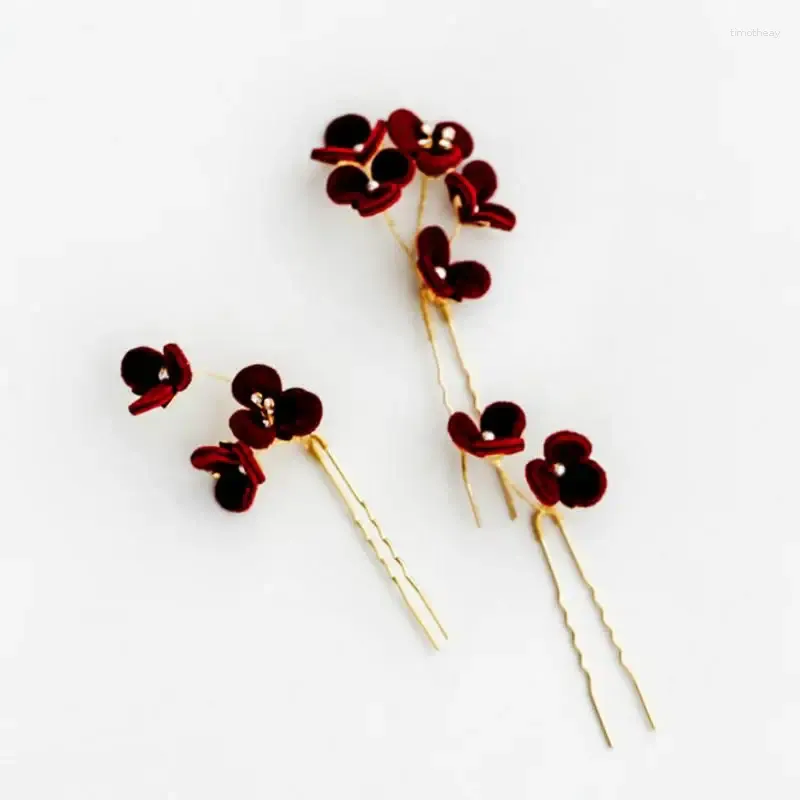 Hair Clips Wine Red Flower Hairpin Bridal Wedding Accessories Classical Rhinestone Floral Comb Headpiece