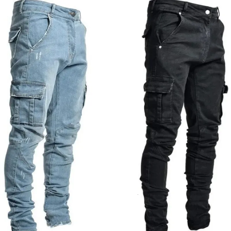 Mäns jeans män jeans solid färg casual byxor slitna stora icke-blekande kläder smala passform tät mikroelastisk last fett 231027
