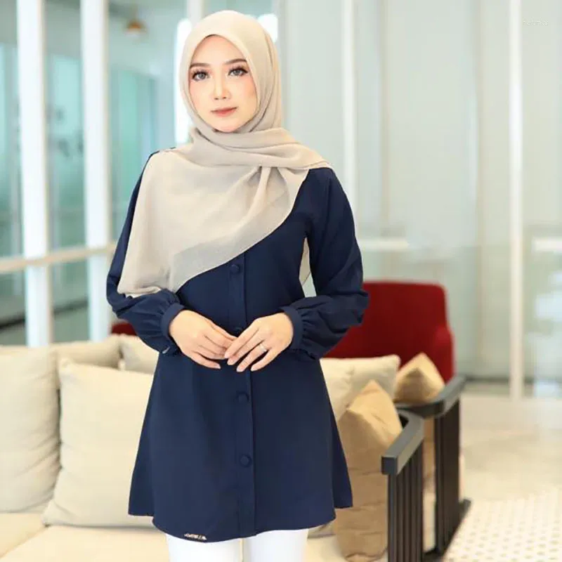Odzież etniczna muzułmańska najlepsza jesienna solidna solidna, jedno rękaw długie rękaw luźne koszulę wypoczynkową Malaysia Islam Turcja arabska bluzka femme