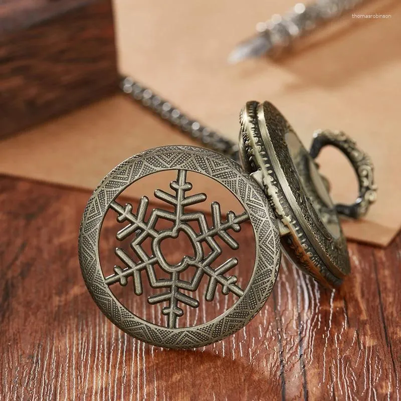 Montres de poche flocon de neige Antique Steampunk montre mécanique collier en Bronze boîtier creux squelette main vent Fob pendentif chaîne horloge hommes