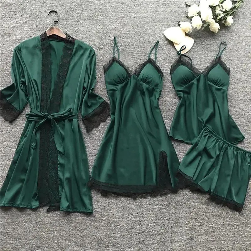 Women's Sleepwear V-neck Spring Pajamas Satin Sleep Nightwear Nightdress Cami Home Robe Nighties 4pc Womens Wear Suit Set Pijama Silk Gown