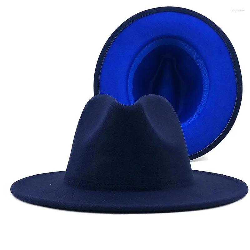 Berets Unisex Outer Navy And Blue Inner Red Wool Felt Jazz Fedora Hats With Thin Belt Buckle Men Women Wide Brim Panama Trilby Cap L XL