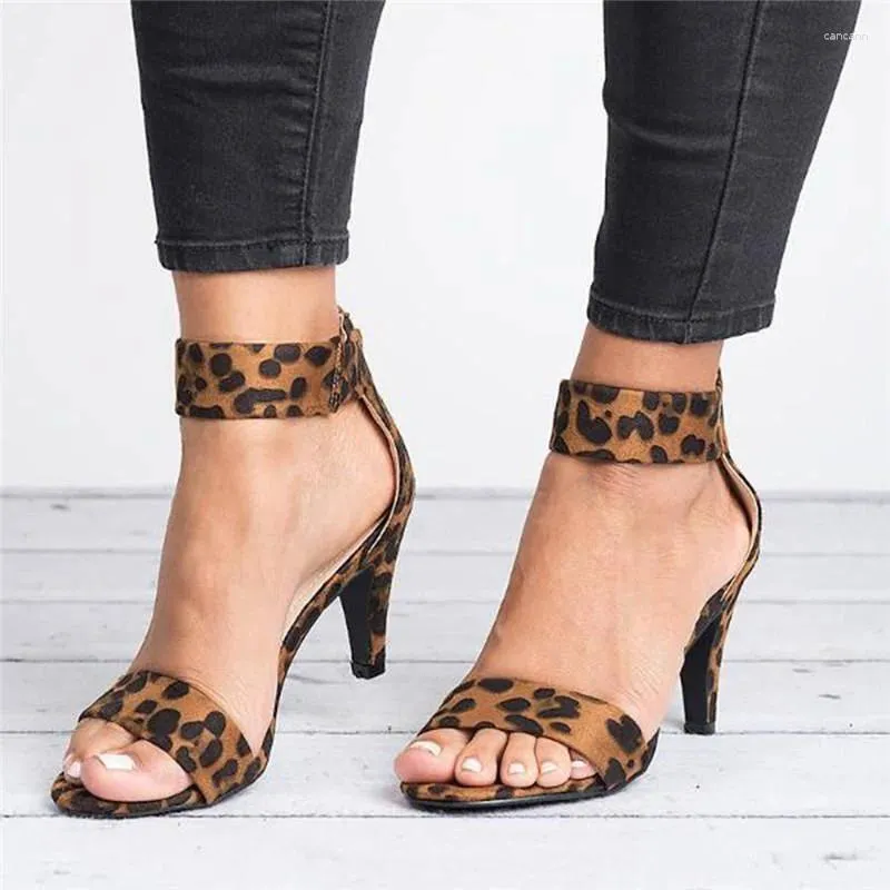 Klänningskor 2023 Spring High Heel Sandals Fashion Breattable Women's Open Toe Zipper Heels Sexy Leopard Print