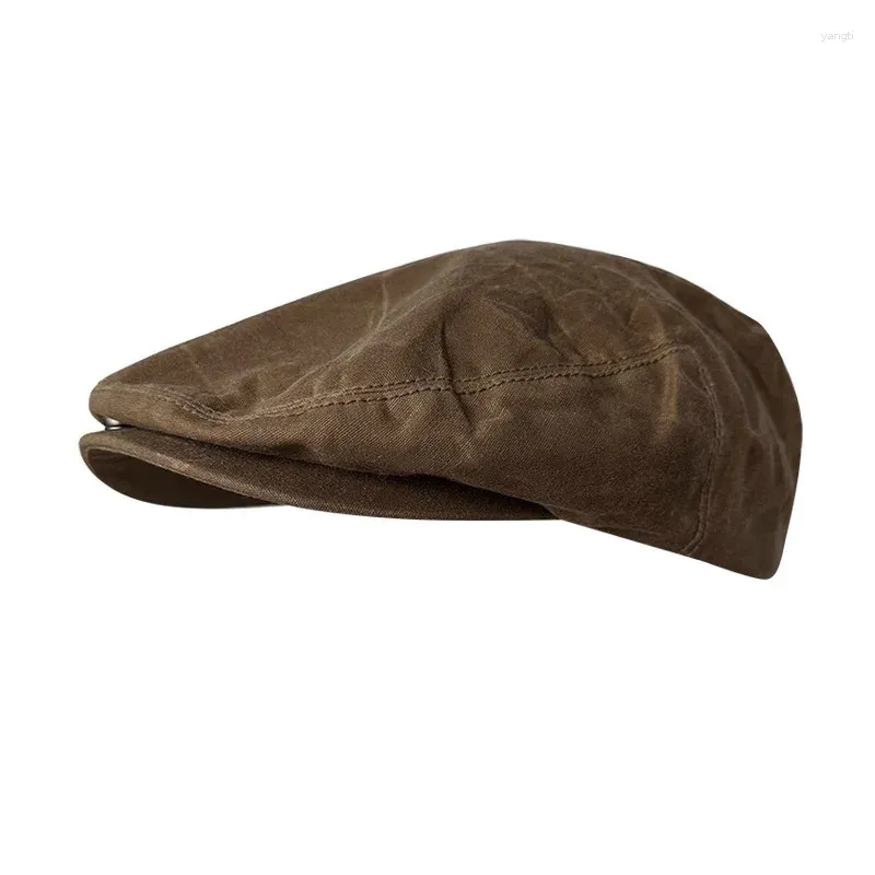 Bérets Béret fait à la main rétro huile cire tissu coupe-vent et imperméable chapeau hommes pur coton plat haut polyvalent avant 11