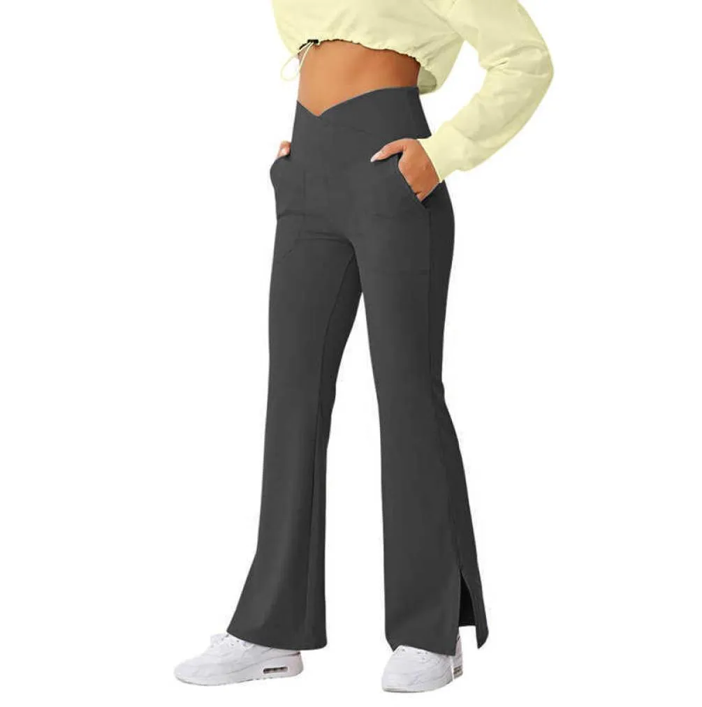ヨガの衣装パンツスプリットフレア女性レギンスポケットでハイウエスト弾性腹部閉じたスリムフィットダンストルーストレーニングCASU7209920