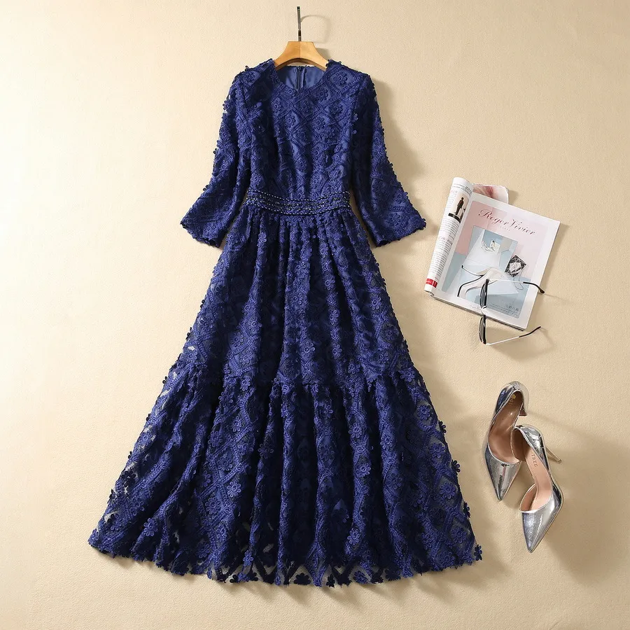 2023 Herbst Blau Blumen Spitze Stickerei Kleid 3/4 Ärmel Rundhals Strass Midi Casual Kleider S3S130914