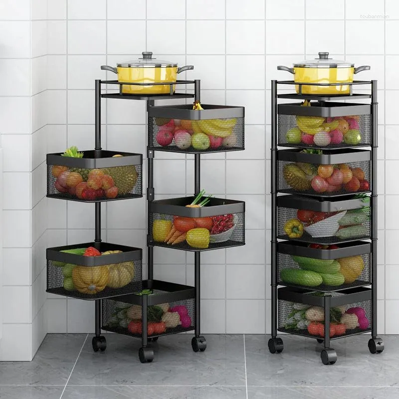 Rack de armazenamento de cozinha-rack de legumes rotativo piso-pé cesta prateleira carrinho multi-camada organizador de 5 camadas com rodas