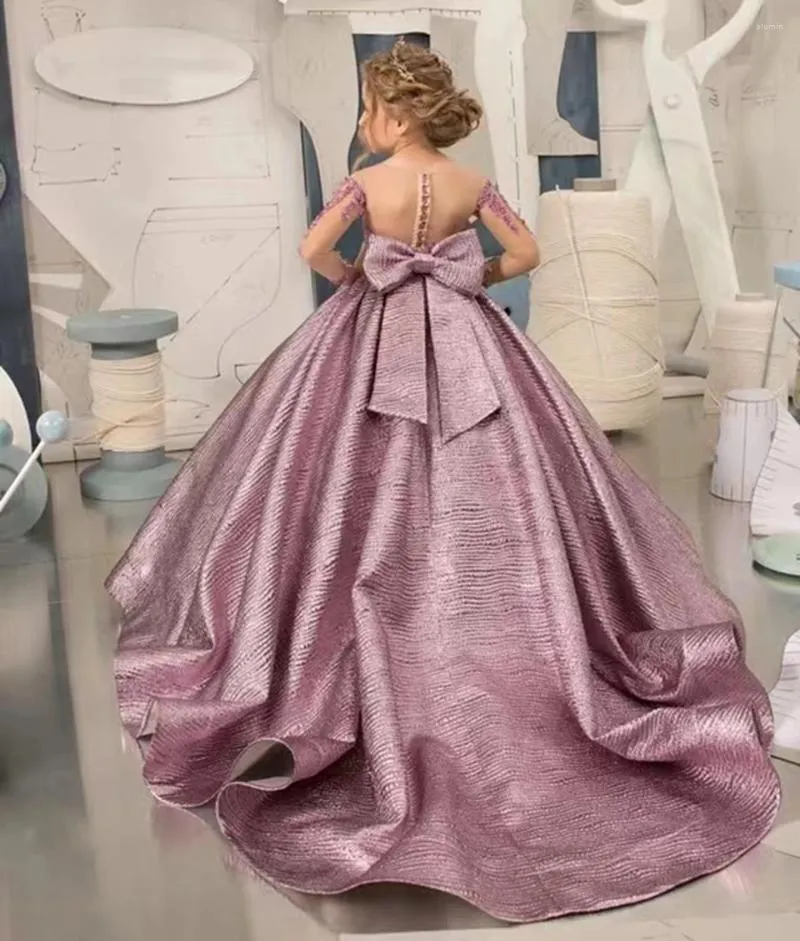 Robe à fleurs violette pour filles, tenue de mariage élégante, longueur au sol, col transparent, manches longues, robe de bal à perles, première Communion pour enfants