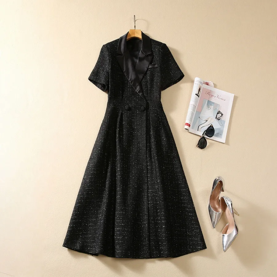 2023 Autumn Black Solid Color Panelled Tweed Dress Short Sleeve Notched-Lapel Buttons Midi Casual Dresses S3S200921