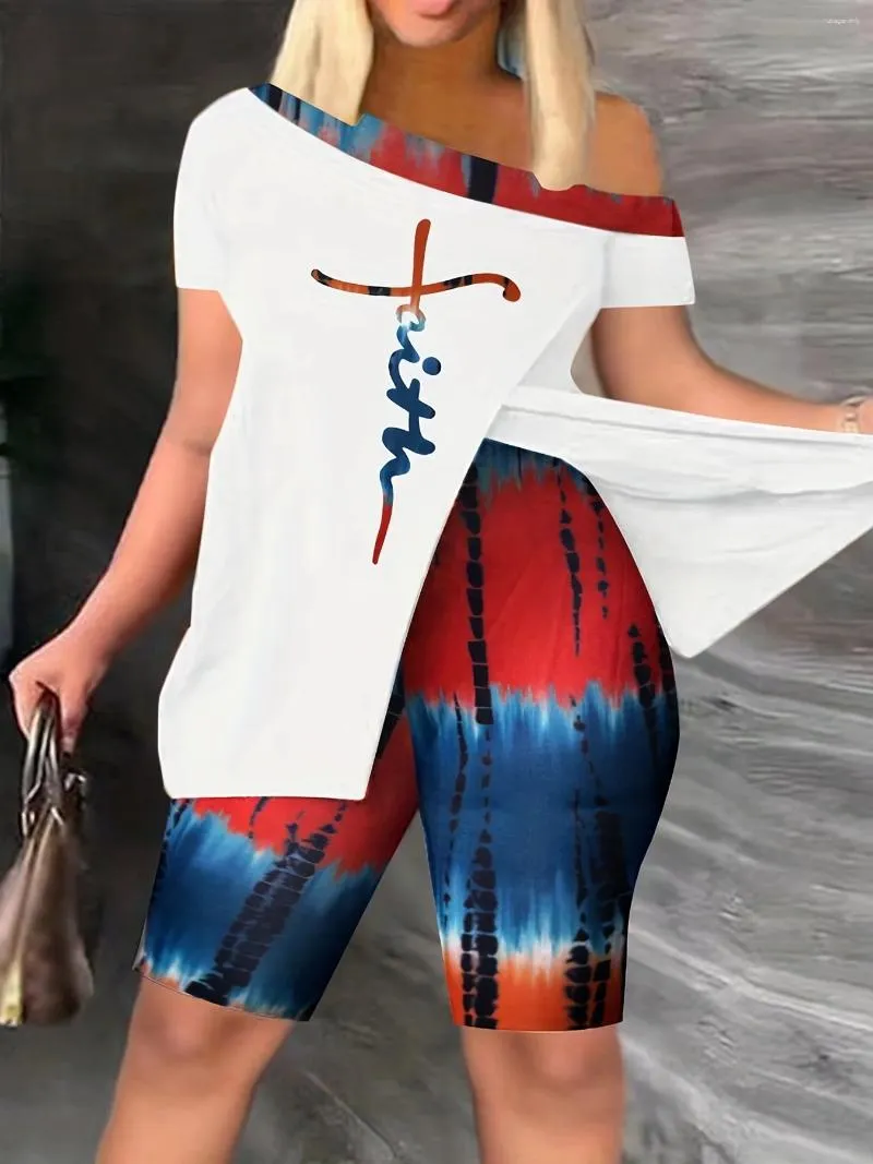 女性用トラックスーツCinessdセクシーオフショルダーファッションカジュアル印刷半袖トップパンツ女性2ピーススーツ