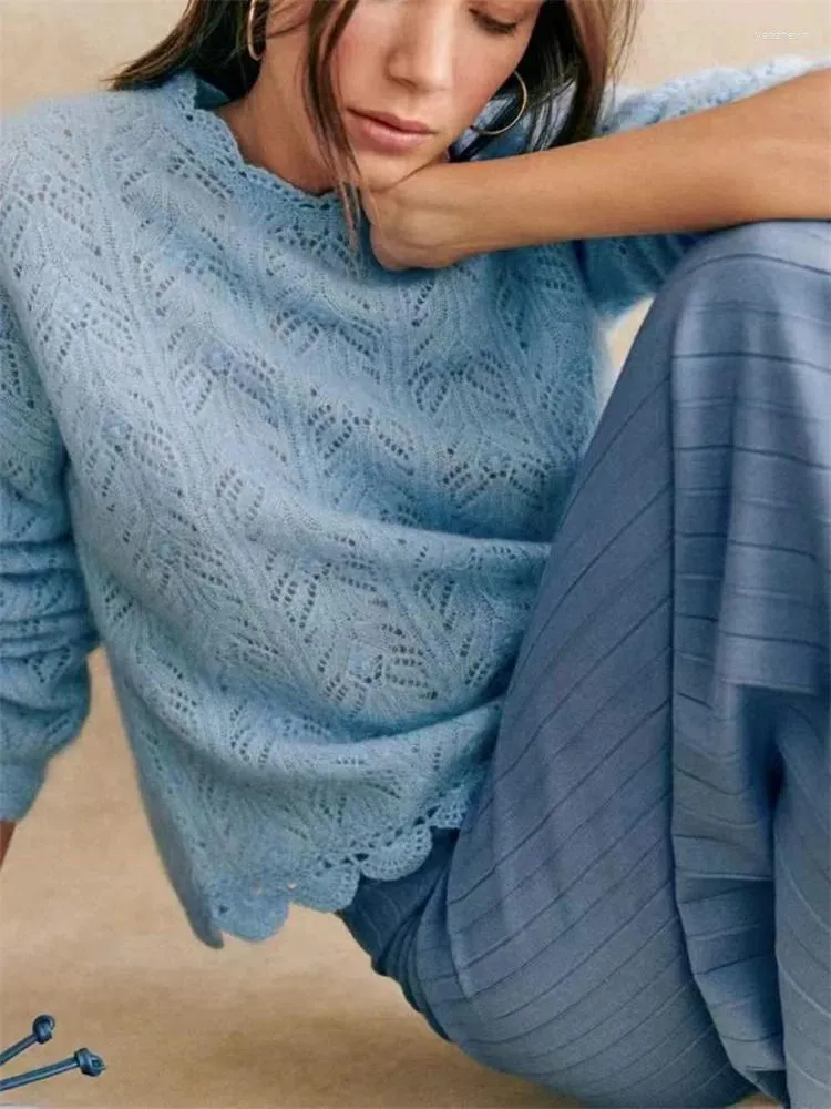 女性用セーターホロウアウトかぎ針編みのニットセーター2色モヘアウールブレンド長袖のニットウェアプルオーバー2023ウィンターフェムトップス