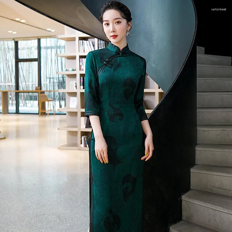 Этническая одежда, классический китайский стиль, женское платье Cheongsam, элегантное вечернее платье Ципао, традиционное платье ручной работы на пуговицах, осенне-зимнее повседневное платье-халат