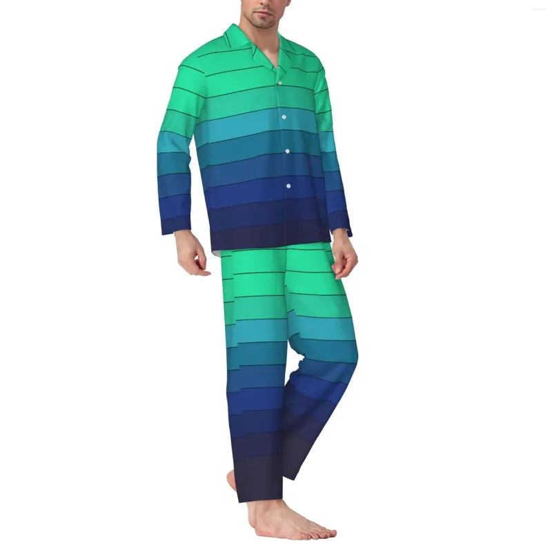 Fatos masculinos verde para cor azul mudança gradual conjunto de pijama de manga comprida com calças de flanela de algodão e manga comprida