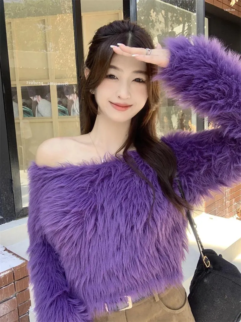 Women's Sweaters Autumn Winter Faux Mink Hair Slash Neck Loose Short Sweater Lady Chic Solid Color Fuzzy Long Sleeve Pullover Jumper