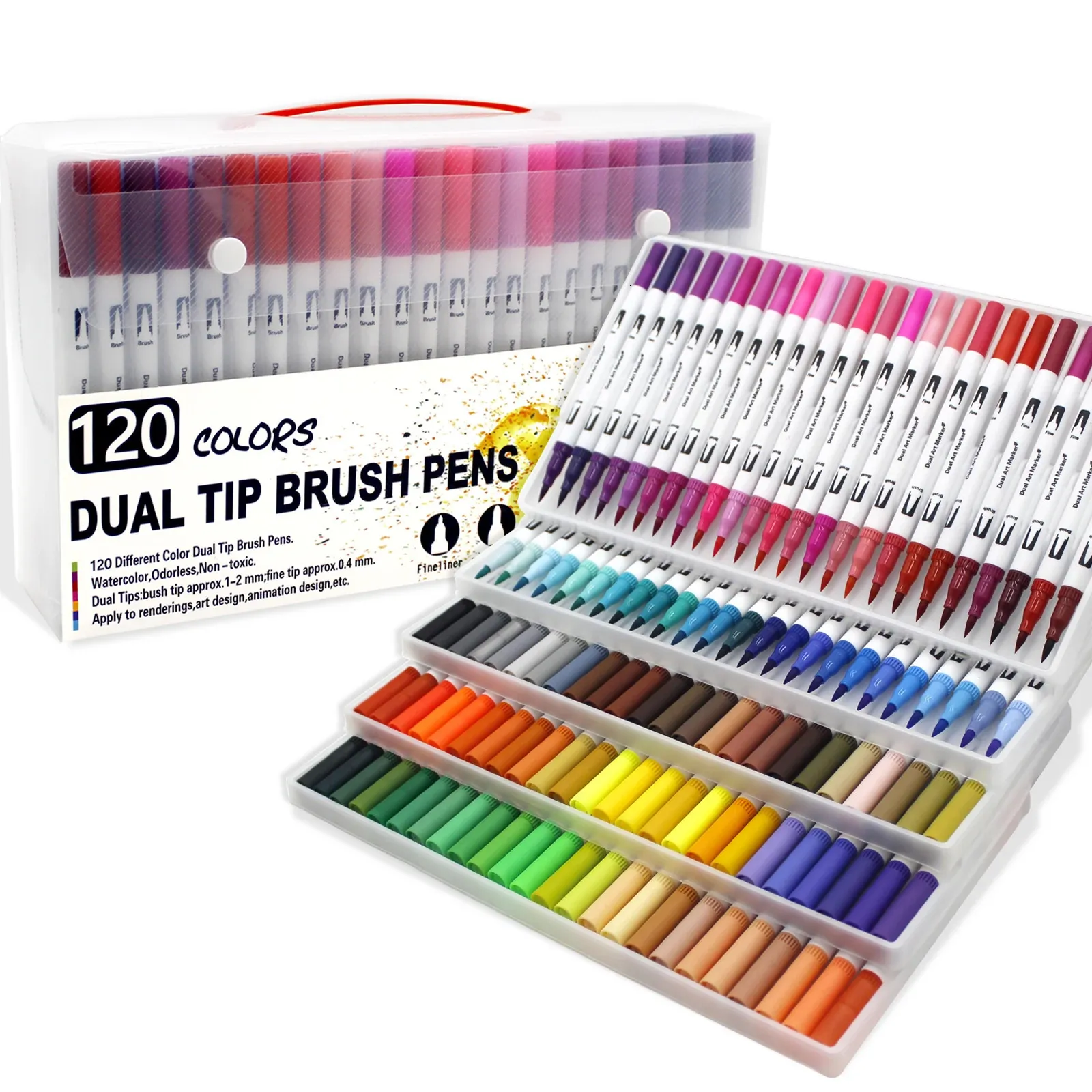 12 Colors Dual Tip Brush Pens Art Markers Set Flexible Brush & 0.4