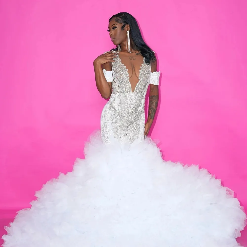 2024 Luxury Sparkly Organza Wedding Dress Off The Shoulder Handmade Crystals Mermaid Tulle Ruffles Women Bride Gowns Vestido De Noiva