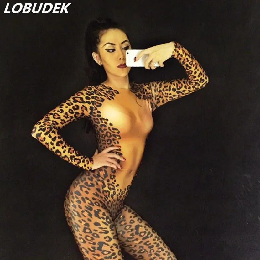 Сексуальный женский тонкий комбинезон с леопардовым принтом, боди, женские костюмы для шоу, сцены, ночного клуба, бара, вечеринки, певицы star258T