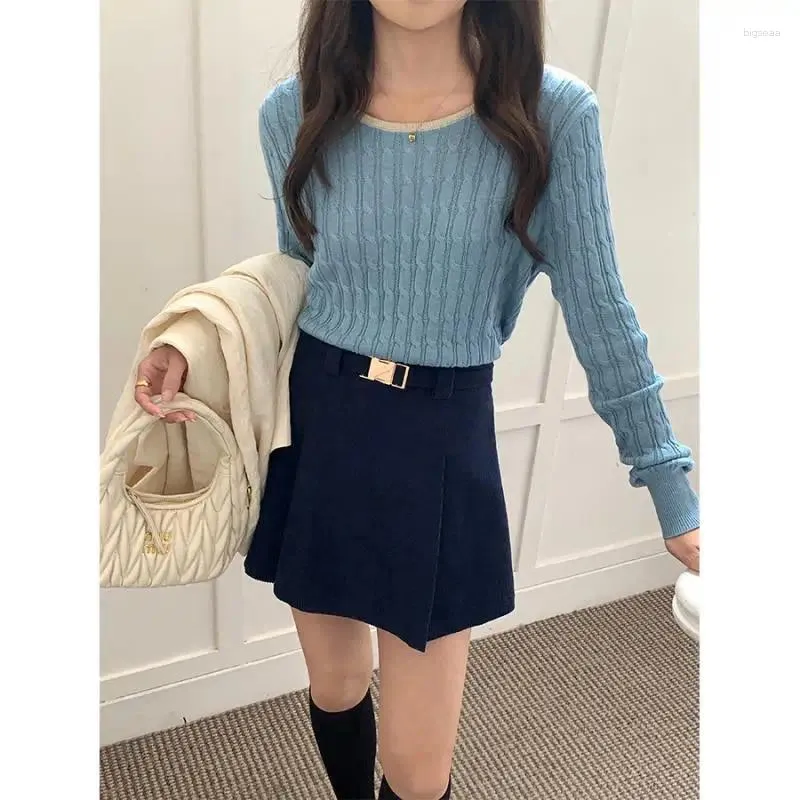 Kvinnors tröjor Knittande rund nacke Pullover Mönster Kontrast Knit-skjorta Autumn Korean Slim Long Sleeve Tops