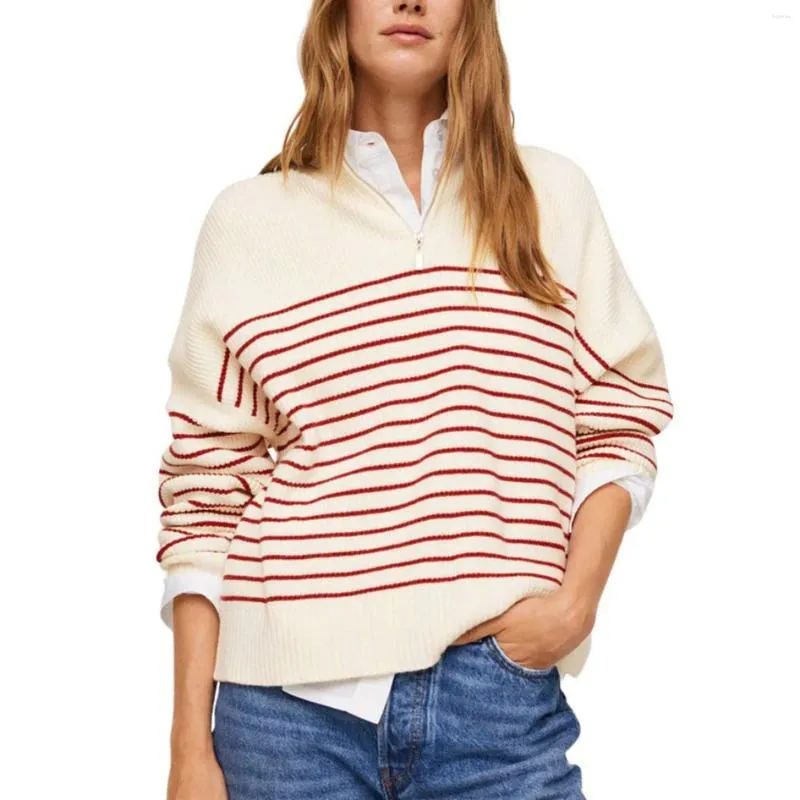 Pulls pour femmes Femmes tricotées rayures imprimées pull chemises fermeture éclair col rabattu manches longues hauts dames couleur bloc pull décontracté