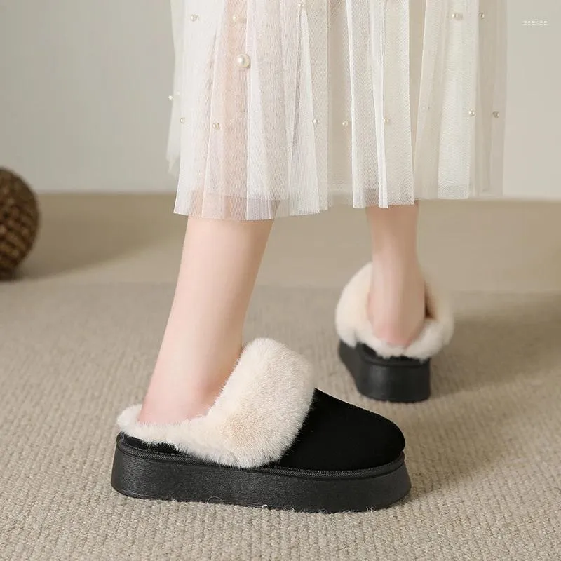 Chinelos de inverno mulheres curto pelúcia quente botas de neve moda sapatos casuais camurça tornozelo plataforma plana