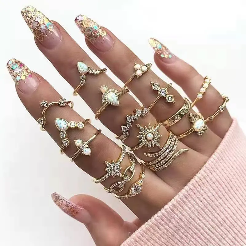 Набор колец серебряного и золотого цвета для женщин и девочек, винтажные кольца в стиле панк с геометрическим лунным цветком, простые кольца на палец, трендовые ювелирные изделия, подарки для вечеринок, оптовая продажа YMR049