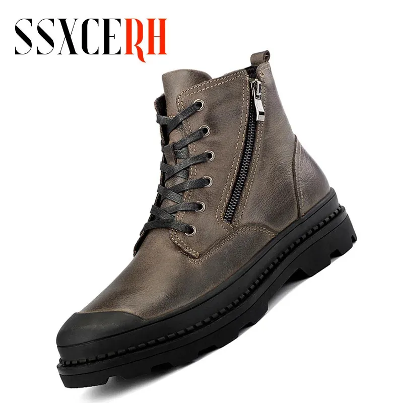 Botas de marca masculina sapatos de couro genuíno tornozelo botas de neve para homens casuais sapatos de motocicleta inverno quente botas de segurança de trabalho 231030