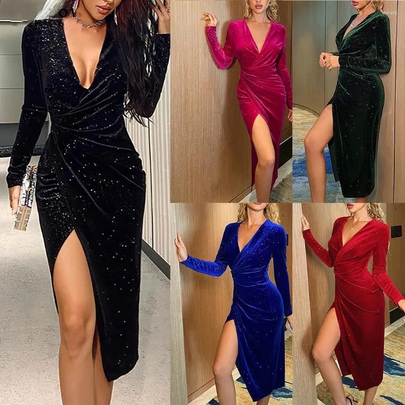 Robes de soirée robe de soirée unie brillante col en V complet avec fente pour bal velours fendu sexy