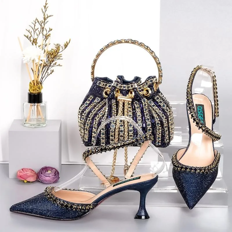 Dress Shoes Elegant Navy Blue Soft And Bags Diamond Chain High Heels Tassel Bucket Crossbody Bag With For Party Style 38-43