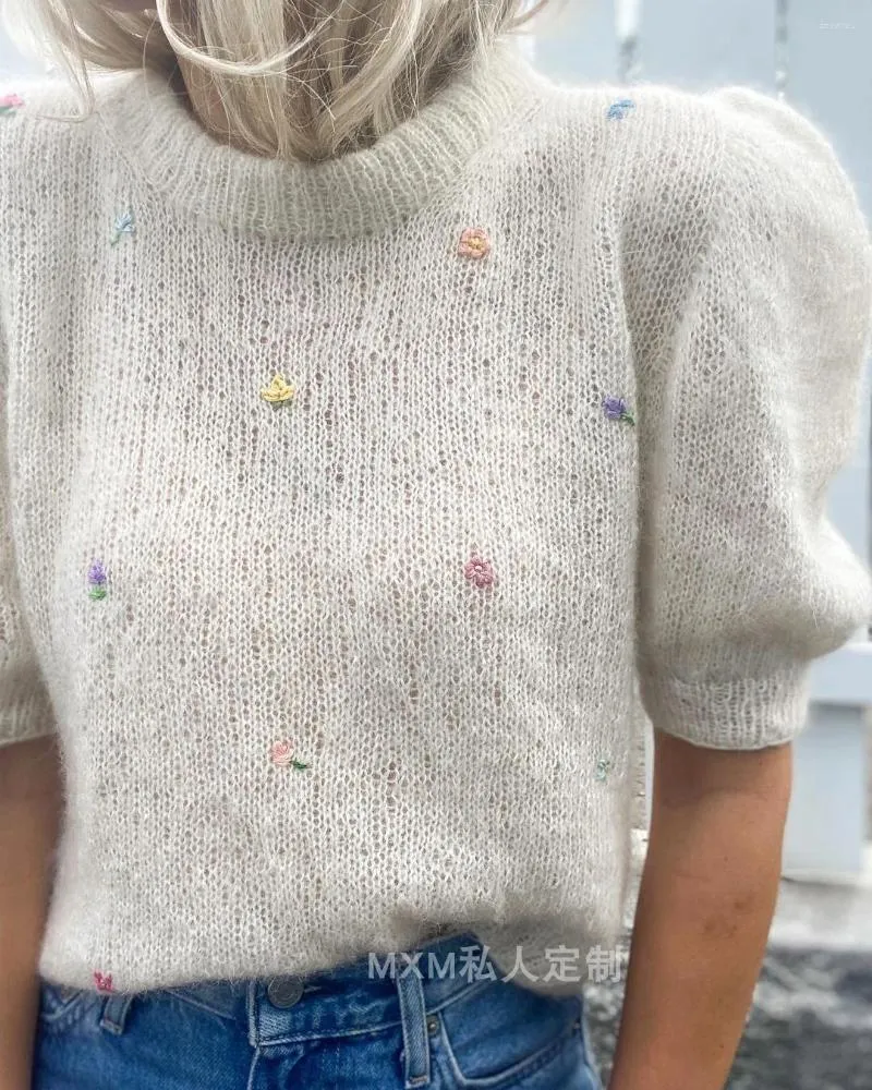Women's Sweaters 2023 Summer European And American Exquisite Embroidery Bubble Sleeve Round Neck Mohair Sweater Short Knitwear Pullove