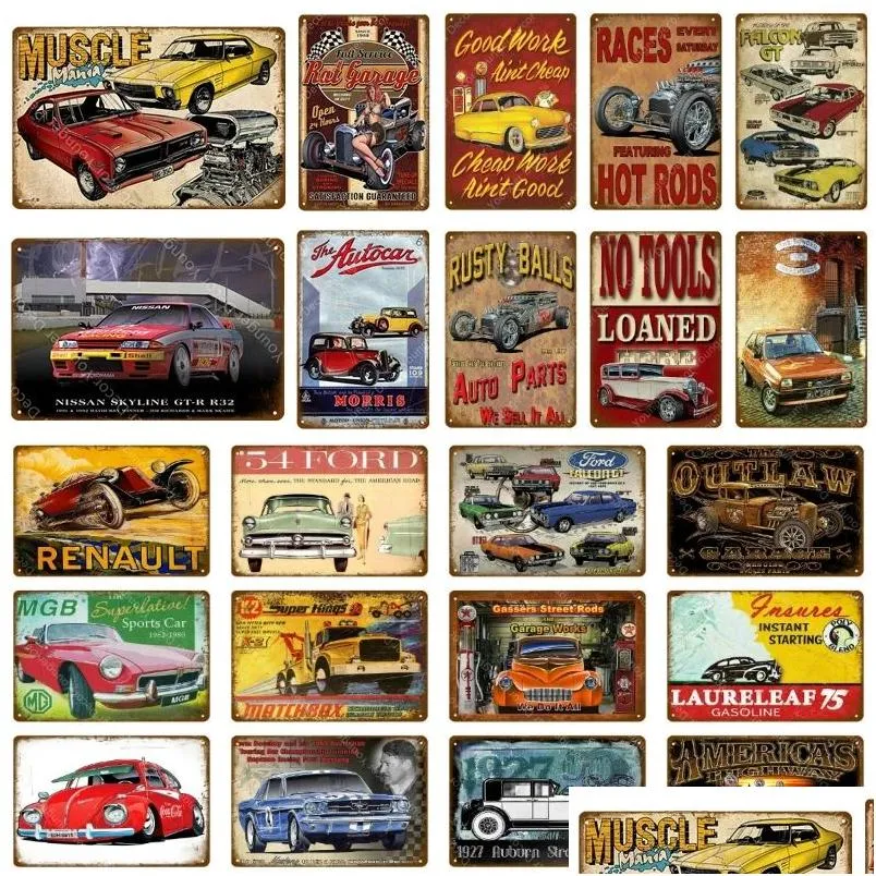 Peinture en métal Panneaux de voiture américains Panneau en étain Pub Bar Chambre Garage Décoration Vintage Home Decor Rods Races Affiche Classis Wall Sticker Dhnmc