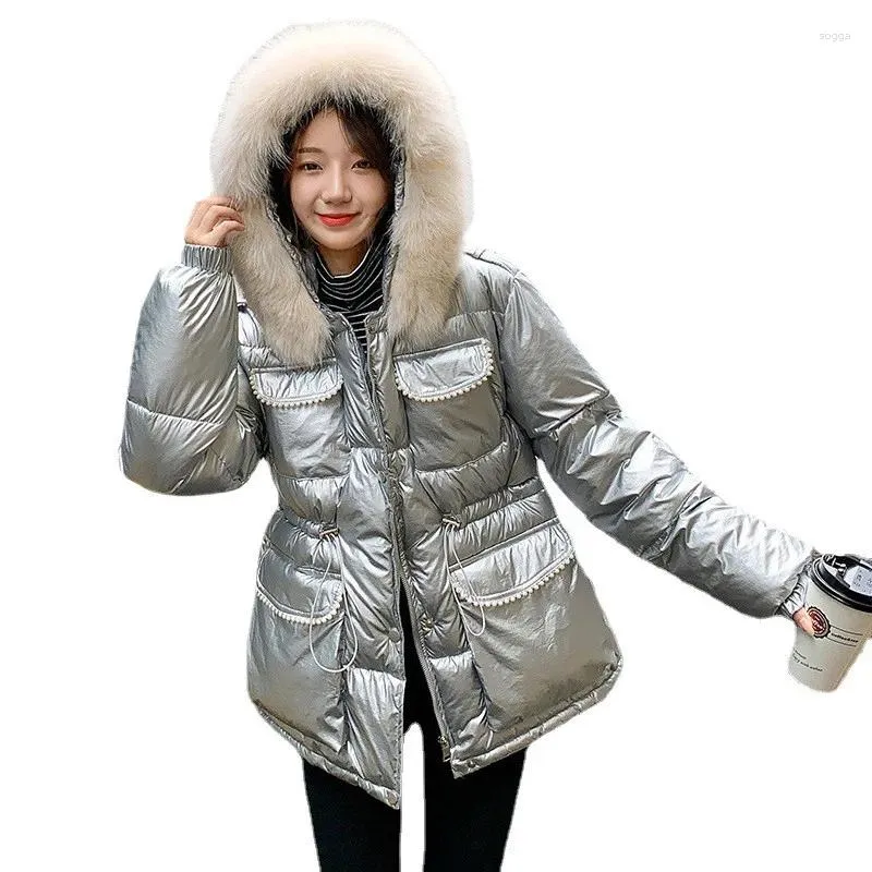 Women's Down Winter Shiny Mid-length Cotton Coat Female Korean Style Thick Warm Jacket Drawstring Waist Quilted Slim JD1979