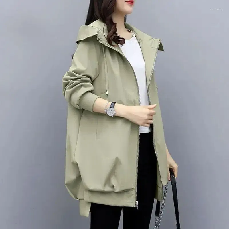 Trench da donna 2023 Primavera e autunno stile coreano kaki sciolto rilassato giacca a vento con cappuccio di media lunghezza nero cappotto di moda per le donne Top