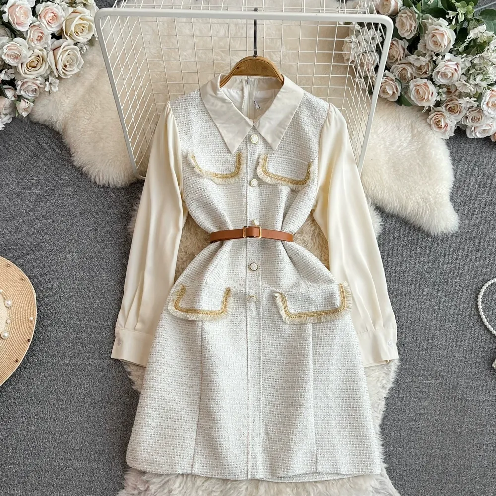 Autumn and Winter Fragrant Style Celebrity Temperament Fake Two Piece Bubble Long Sleeve Polo Collar Waist Wrapped Single breasted Tweed Dress