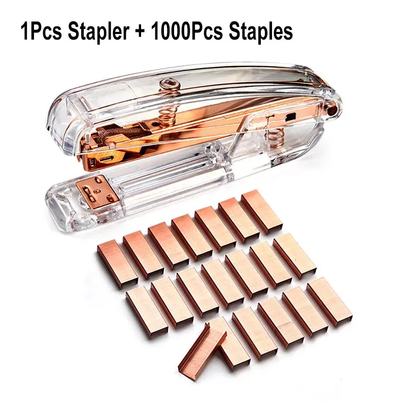 Staplers Delvtch Transparent Stapler 1000pcs Metal 12# 24/6 Rose Silver Set Office Akcesoria School Spiratery Dostawa 231027