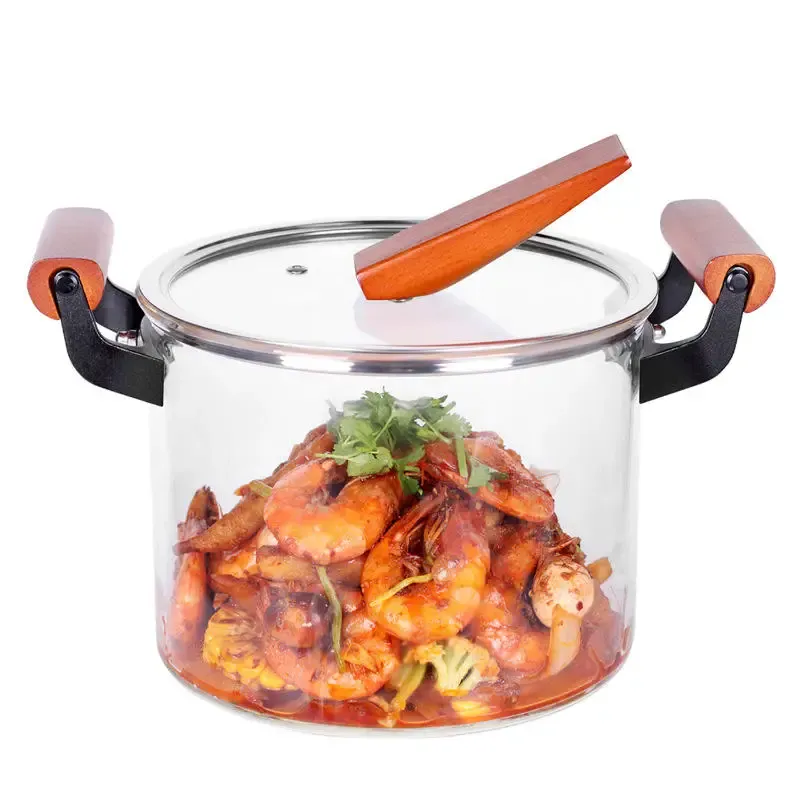 Juego de ollas de vidrio transparente de gran capacidad de 5 litros, olla de cocina con mango de madera de vidrio de borosilicato y tapas para accesorios de cocina