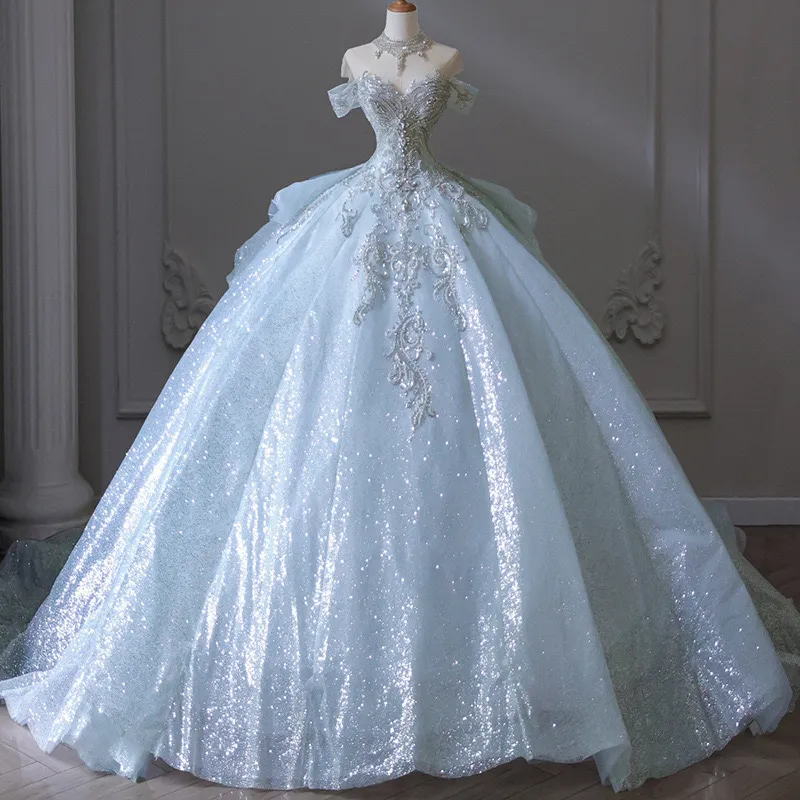 Dubai Arabic Blue Ball Gown Wedding Dress with Crystal Beading Backless Sweep Train Plus Size 2024