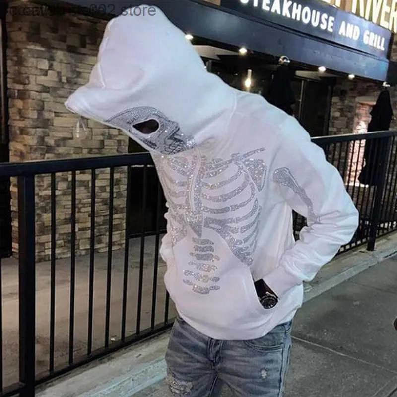 Hoodies dos homens moletom esqueleto strass fora branco completo zip hoodie homens mulheres topos novo y2k manga longa streetwear oversized t231030