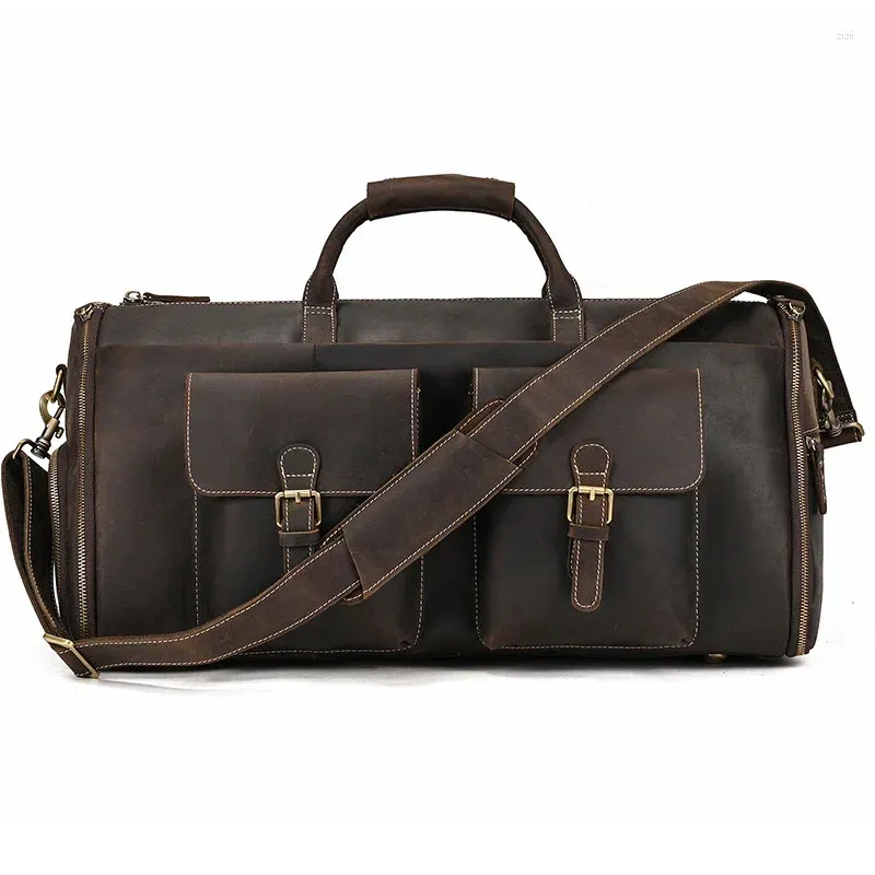 Sacs Duffel Mode Véritable Cuir Hommes Voyage Sac à main Bagage à main Sac mâle 55cm 16 pouces Ordinateur portable Fourre-tout de bureau Grand week-end