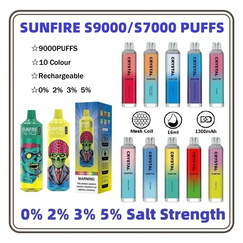 Sunfire 9000/7000 Puffs Disponible E-cigarett 18 ml/16 ml VAPE 0% 2% 3% 5% Laddningsbar 600mAh Batteritornado Vape 9000 Puff 7000 Puffs Vapers Europe Free Frakt