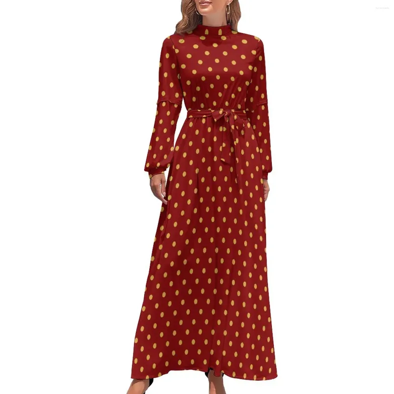 Lässige Kleider Retro Gold Dot Kleid Langarm Festliche Polka Dots Kawaii Maxi High Neck Stilvoller Druck Böhmen Geburtstagsgeschenk