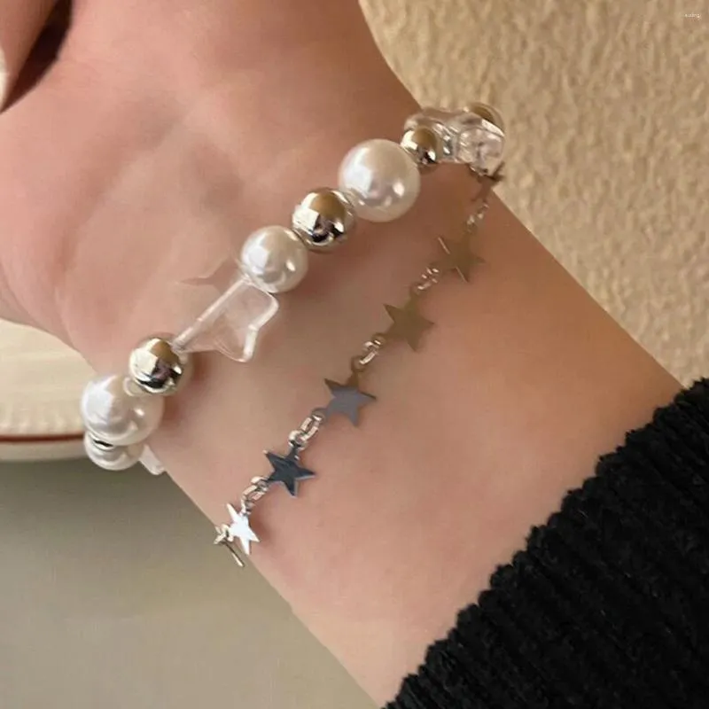 Link Armbänder Harajuku Kristall Stern Pentagramm Perle Perlen Armband Für Frauen Vintage Ästhetischen Charme Doppelschicht Kette Schmuck Geschenk