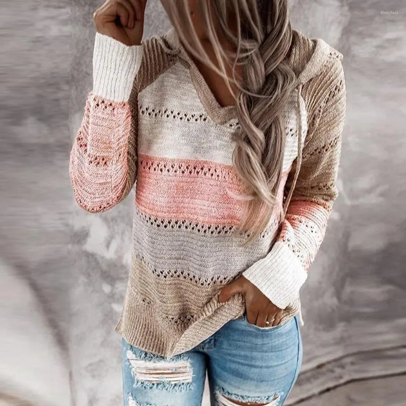 Women's Sweaters Fashion Sweatshirt Casual Patchwork V-neck Tops Long Sleeves Hooded Sweater Hollow Out Blouse Ladies